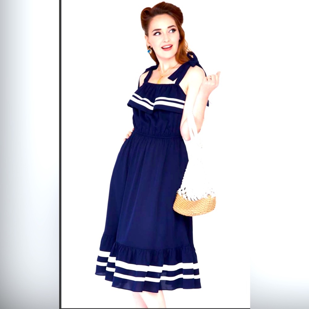 VOODO VIXEN NAUTICAL BUST RUFFLE TIE STRAP MIDI DRESS Sleeveless Flare Size L